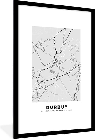 Fotolijst incl. Poster Zwart Wit- België – Durbuy – Stadskaart – Kaart – Zwart Wit – Plattegrond - 80x120 cm - Posterlijst