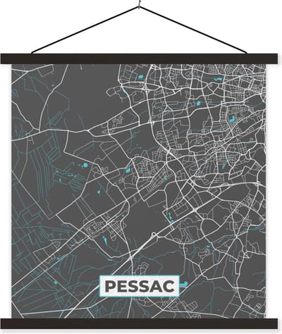 Posterhanger incl. Poster 60x60 cm - Schoolplaat - Pessac - Kaart - Plattegrond - Stadskaart - Frankrijk - Textielposter - Zwarte latten - Stadskaart