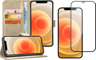 Hoesje geschikt voor iPhone 12 Mini - Screen Protector FullGuard - Book Case Kunstleer Pasjeshouder Goud & Screenprotector
