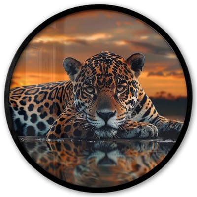 Poster in lijst Rond - Fotolijst 40x40 cm - Posters - Natuur - Luipaard - Dier - Zonsondergang - Modern - Ronde posterlijst zwart - Decoratie - Wanddecoratie woonkamer - Muurdecoratie slaapkamer