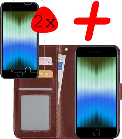 Hoesje Met 2x Screenprotector - Geschikt voor Apple iPhone SE (2022) - Luxe Pasjeshouder - Bookcase Portemonee - Flip Case - Kunstleer Book Case - Flipcase Hoes - Book Cover - Walletcase - Portemonneehoes - Bruin
