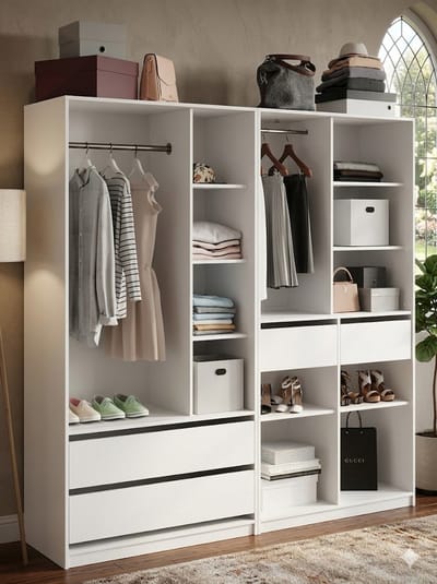 Kledingkast Set 200 x 200 x 50 cm - Open Garderobekast met 4 Laden, 15 Planken en Kledingstangen, Grote Witte Opbergkast voor Slaapkamer en Inloopkast - Vermissen