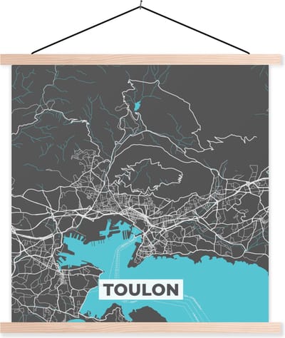 Posterhanger incl. Poster 40x40 cm - Schoolplaat - Toulon - Plattegrond - Kaart - Stadskaart - Frankrijk - Textielposter - Blanke latten - Stadskaart