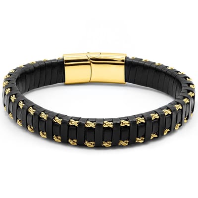 Victorious Leren Armband Heren – Zwart Leer & Goud Staal – Goud/Zwart – 22.5cm