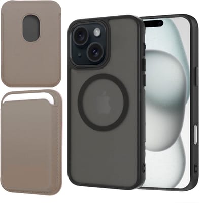 Hoesje + Pasjeshouder geschikt voor iPhone 15 - Portemonnee geschikt voor MagSafe - Magnetisch - Pasjes Houder - Creditcardhouder - Taupe