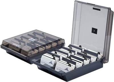 Professionele Visitekaartjesdoos voor 1000 Kaarten met A-Z Index Tabs en 8 Verdelers - Grijze Organiser voor Desk en Kantoor