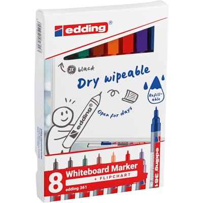 edding 361 boardmarker - 8 markers verschillende kleuren - rond punt 1 mm - sneldrogend, reukarm - geschikt voor whiteboarden