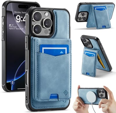 Casemania Hoesje Geschikt voor Apple iPhone 16 Pro Max - Aqua Blue - Geschikt voor MagSafe - Back Cover met Afneembare Magnetische Pasjeshouder met Standaard - Telefoonhoesje en Kaarthouder