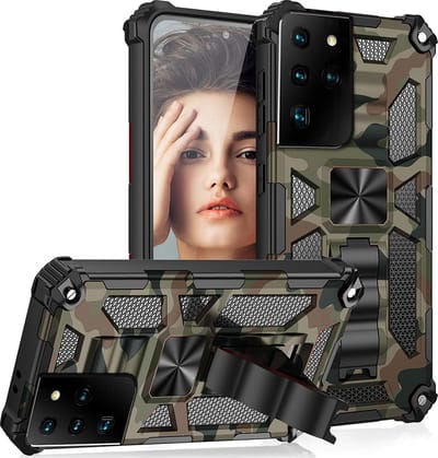 Hoesje Geschikt Voor Samsung Galaxy S21 Ultra hoesje rugged extreme backcover met ring houder Camouflage - Groen