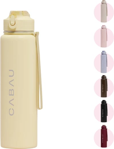Cabau – Bloom Waterfles Staal – 870 ml – Butter Yellow – Roestvrijstalen Drinkfles met Rietje – BPA-vrij & Lekvrij – Thermosfles voor Sporten, Werk en Onderweg