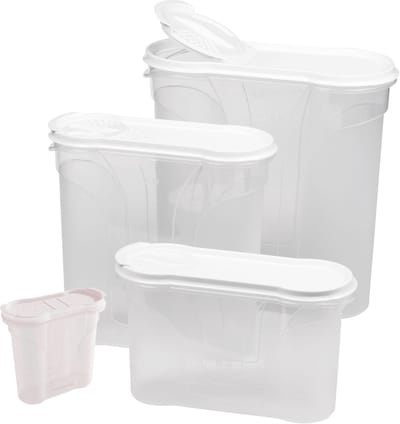 Novaliv schenkbekers set van 4, 1x zoutvaatje plus 3x voorraadbussen om te bestrooien, 4l + 2,4l + 1,3l container met deksel voor ontbijtgranen, meel, suiker, blikken, keukenorganizer, voedseldoos, maaltijdvoorbereidingsdozen, voorraadbus