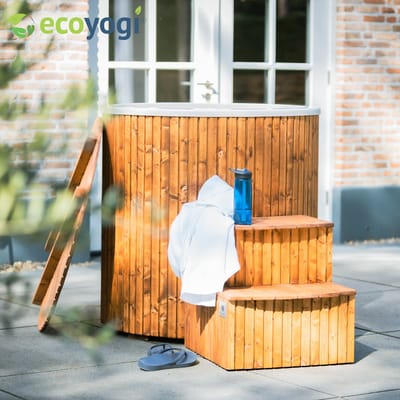 Ecoyogi Premium Mini IJsbad – Glasvezel Kuip 450L – Met Trap, Deksel en Afvoerkraan – Voor Koudetherapie en Yoga Herstel -- 3 jaar garantie - Kunststof kuip verstevigd met glasvezel