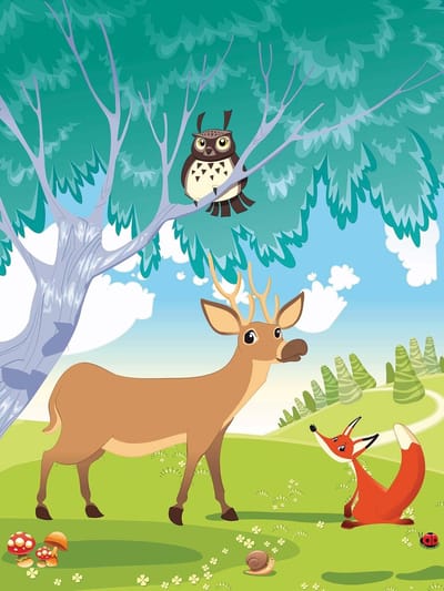 Fotobehang Animals in The Forest | XXL - 206cm x 275cm | 130g/m2 Vlies