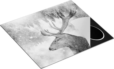 Chefcare Inductie Beschermer Hertenkop - Hert op een Bomen Achtergrond - Zwart Wit - 60x50 cm - Afdekplaat Inductie - Kookplaat Beschermer - Inductie Mat