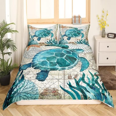 Zeeschildpad Dekbedovertrek Volledige MaatOceaan Beddengoed Collectie Voor Kinderen TienersStrand Dekbedovertrek1 2 Kussenslopen 3 Delig Voor Tieners Jongens EU single(135x200cm)