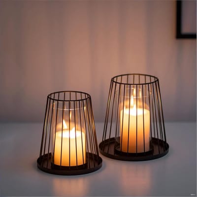 Windlicht Kandelaar Zwart Decoratie: Moderne Kandelaar voor Stompkaarsen Windlicht Buiten voor Woonkamer Tafeldecoratie - Set van 2 Kaarshouders Metaal Draad voor Balkon Slaapkamer Kerstmis