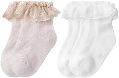 Dailygoods- Doopsokken 2 paar - Kanten Sokken met Ruches - Sokken voor Meisjes - Enkelsokken - Antislip - Zachte Naden