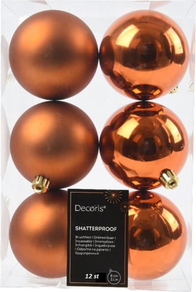 Decoris kerstballen - 12x stuks - 8 cm - koper/cognac bruin -kunststof -kerstversiering