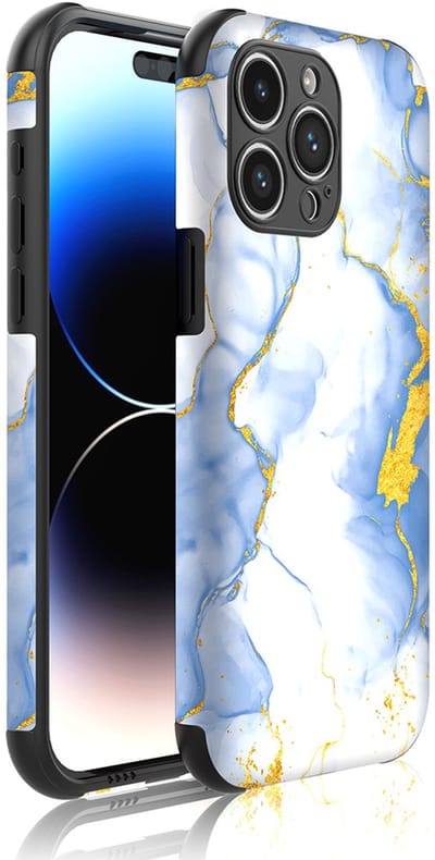 Smartphonica Telefoonhoesje Geschikt voor iPhone 14 Pro Max met Stootrand en Lichtblauw Goud Marmer opdruk - Backcover PhoneCase Lightblue Gold Marble print geschikt voor iPhone 14 Pro Max