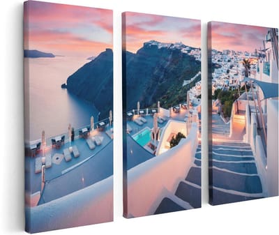 Artaza Canvas Schilderij Drieluik Luxe Huisjes aan de Kust in Fira, Griekenland - 120x80 - Foto Op Canvas - Canvas Print