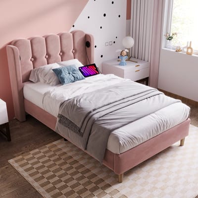 Sweiko Gestoffeerd bed Eenpersoonsbed met USB, type-C oplaadfunctie, bedplaats met plat noedelsframe, Roze, 90 x 200 cm bedplaats Slaapkamer Jeugdbed Gastenkamer fluweel (Zonder matras)