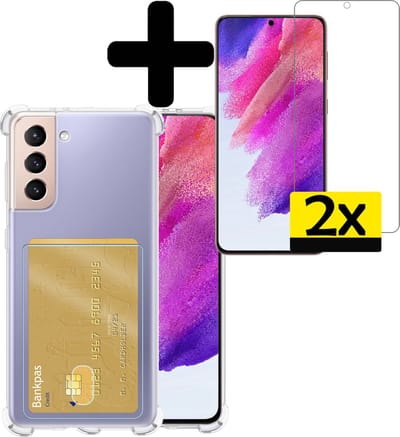 Hoesje - Geschikt voor Samsung Galaxy S21 FE - Met 2x Screenprotector - Pashouder - Kaarthouder - Telefoon Hoes Shockproof - Siliconen Case - Back Cover - Shock Proof - Pasjes Houder - Telefoonhoesjes - Transparant