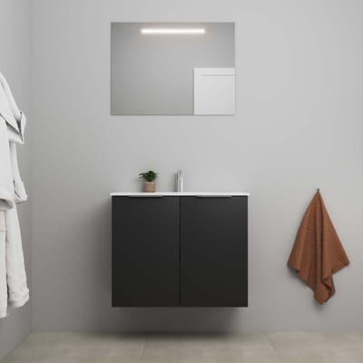 On-Line Badkamermeubelset - 80 cm - Bouwpakket - 2 Deuren met Greep - Porseleinen Wastafel - 1 Kraangat - Spiegel met LED-Verlichting - Mat Zwart