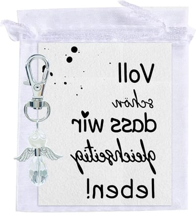 Mooie ansichtkaart met de tekst "Voll schön dass wir gleichzeitig leben" als cadeau voor je beste vriend, inclusief engel hanger, wit