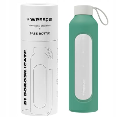Glazen Motivatiefles 1000ml – Duurzame Waterfles in LAGOON
