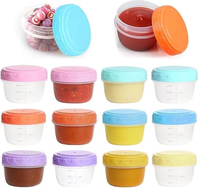 Set van 12 Kleine Vriezerdozen 80 ml - Mini Opbergdozen met Schroefdeksel, Lekvrij voor Dips, Sauzen en Snacks, Verkrijgbaar in 6 Kleuren