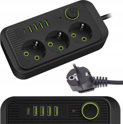 Stopcontact met snellaadfunctie - 2 meter verlengsnoer, 3 stopcontacten, 5 USB-poorten (waaronder 1 Type-C-poort) - Ingebouwd netwerkfilter voor veilig opladen - Zwart