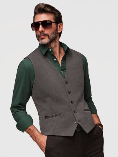 OMBRE Gilet - Slim Fit - Knopen - Visgraat Donkergrijs S