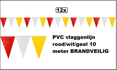 12x PVC vlaggenlijn rood/wit/geel 10 meter BRANDVERTRAGEND - Themafeest Gala festival verjaardag evenement party Brandveilig keurmerk