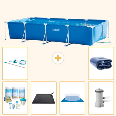 Intex Rechthoekig Frame Zwembad - 450 x 220 x 84 cm - Blauw - Inclusief Onderhoudspakket - Solar Mat - Grondzeil - Zwembadfilterpomp - Schoonmaakset - Solarzeil - 7-delig