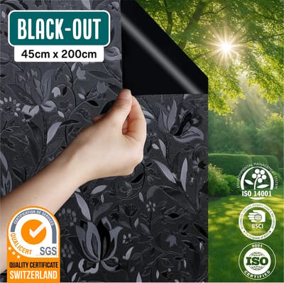 Homewell® Verduisterende Raamfolie - 45x200cm - Statisch & Herbruikbaar - 100% Lichtdicht - Raamfolie Zwart met Bloemen - Zonwerend & Anti-inkijk