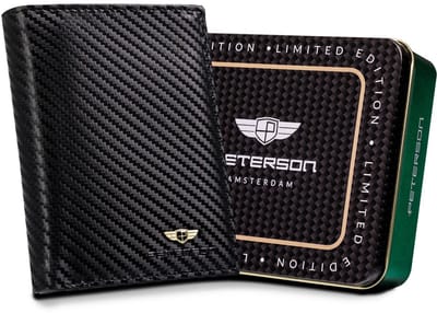 Peterson® Luxe Leren Heren Portemonnee – Carbon Look – Volledige Ritssluiting – RFID-Blokkering – Ruimte voor Kentekenbewijs – Verticaal Model – Zwart