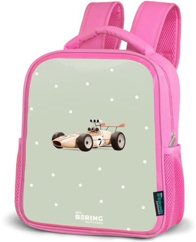 NoBoringSuitcases.com® - Rugzak roze - Schooltas meisjes - Beige retro raceauto op groene stippen achtergrond - Kinder rugtas meisje - Boekentas kind - Kinderrugzak voor school - Schoolrugzak