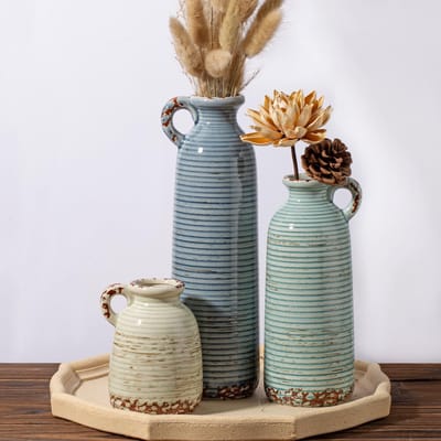 vazenset van 3 met handgrepen, blauwe neutrale rustieke moderne boerderij, boho-decoratie, veelzijdig als tafelstuk of mantel en rekaccent, uniek cadeau-idee voor thuis