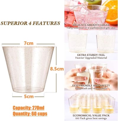 SnelShoppen - 60 Stuks Partybekers Plastic Dessertbekers met Gouden Glitter 270 ml - Ronde Transparante Dessertkommen voor Feest, Bruiloft, Verjaardag