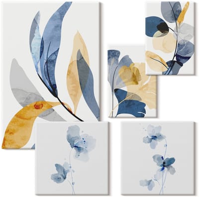 Wallfluent Set van canvas schilderijen - Plantenmotieven in pasteltinten voor interieurs Canvas Schilderijen Set - Set van 5 Canvas Schilderijen - Blauw Set van Canvas Prints - Natuur Canvas Kunst Set - Boheemse Canvas Kunst Set