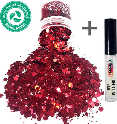 Chunky Festival Glitters (Donker Rood) + Glitter Huid Lijm [Volume 8g - Festival Jewels Glitter Outfit Lichaam en Gezicht - Make-up Diamond Dots Face Body - Diamantjes Strass Steentjes - Kinderen Volwassenen Dames Makeup Tattoo Mastix Schmink]