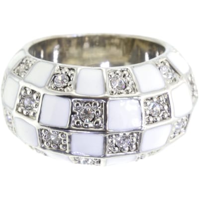Behave - Ring - Zilverkleurige statement ring met wit dambordpatroon en kristallen – Trendy & modern