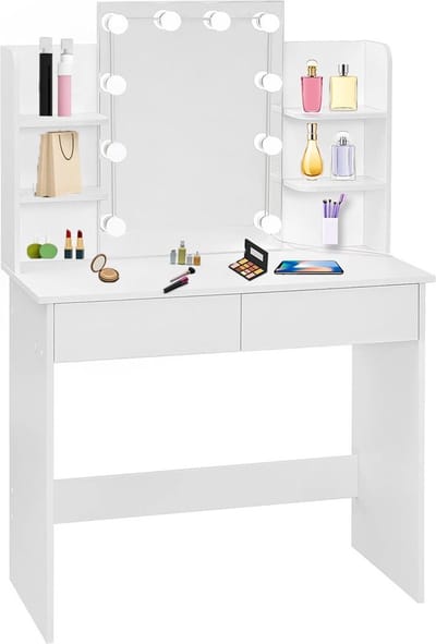 Make up Tafel - Kaptafel met Spiegel en Verlichting - Hollywood Spiegel - Hout - Wit