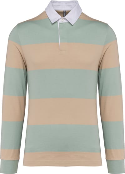 Gestreepte unisex polo lange mouwen merk Kariban maat L Sage Groen/Sand