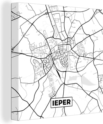 Canvas Schilderij België – Ieper – Stadskaart – Kaart – Zwart Wit – Plattegrond - 20x20 cm - Wanddecoratie