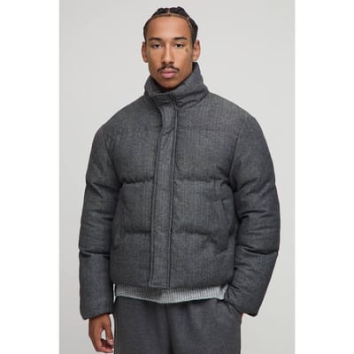 Boxy Fit Check Funnel Neck Puffer Jacket | Grey | Size XS