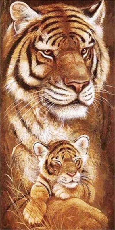 Tijger met kleintje 30x70 - Diamond painting - compleet pakket - volledig beplakt - vierkant steentjes
