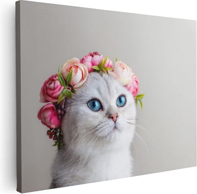 Artaza Canvas Schilderij Kat Met Bloemen - 40x30 cm - Klein - Wanddecoratie Woonkamer - Muurdecoratie Kat - Kamer Accessoires