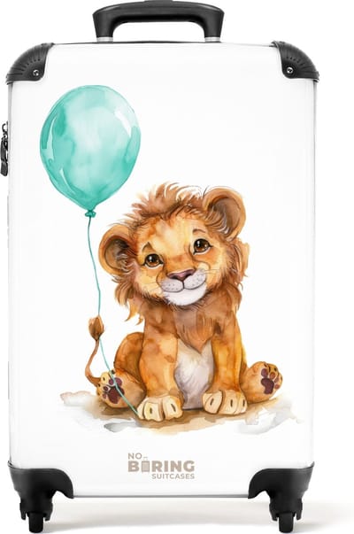 NoBoringSuitcases.com® - Kinderkoffer jongen - Kindertrolley jongens - Leeuw met blauwe ballon - Handbagage koffer lichtgewicht - Reiskoffer trolley kinderen - Rolkoffer met wieltjes - Past binnen 55x40x20 en 55x35x25