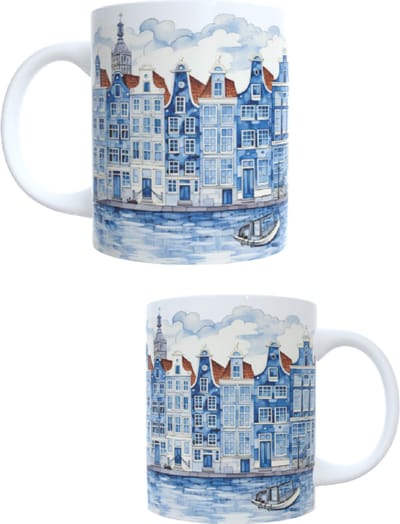Bedrukte koffie beker - thee mok - blauwe amsterdamse huisjes - bleu houses